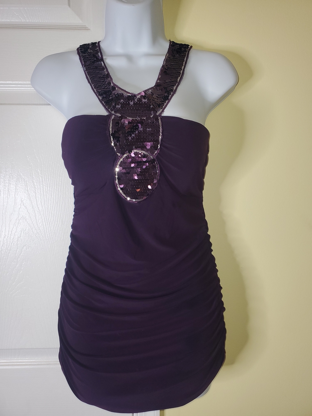 Y2K Mandee Purple Ruched Sequin Halter Bodycon Top | Medium